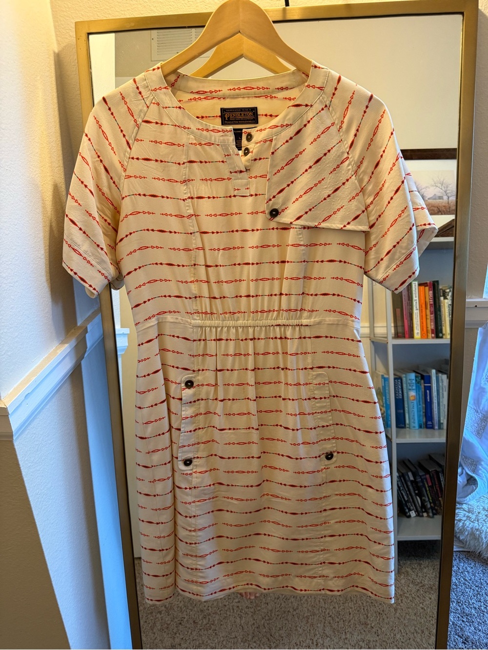 Pendleton Cream Dress with Red Stripe Pattern and Button Details